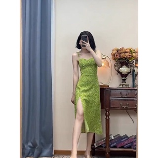 Váy Hoa 2 Dây Xanh Cốm Xẻ Vạt