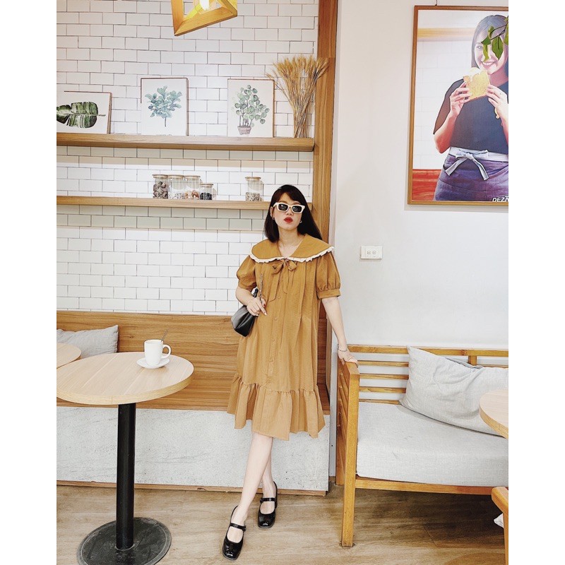 [Mã FATHANG5 giảm 10K đơn 50K] Đầm đũi nâu cổ viền bèo | BigBuy360 - bigbuy360.vn