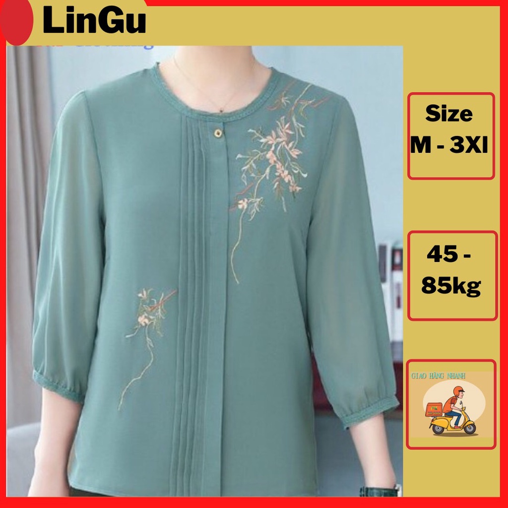 Áo Thêu Hoa Xếp Ly Voan A811 Cao Cấp, Mẫu Trung Niên Sang Trọng, Cổ Tròn Đẹp Áo Kiểu Trung Niên Thêu Hoa, Mẫu Trung Niê