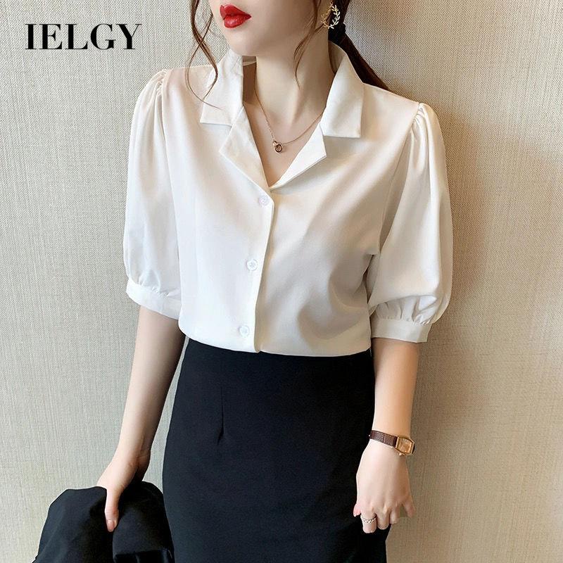 Áo sơ mi chiffon IELGY mỏng tay ngắn cổ chữ V hợp thời trang cho nữ