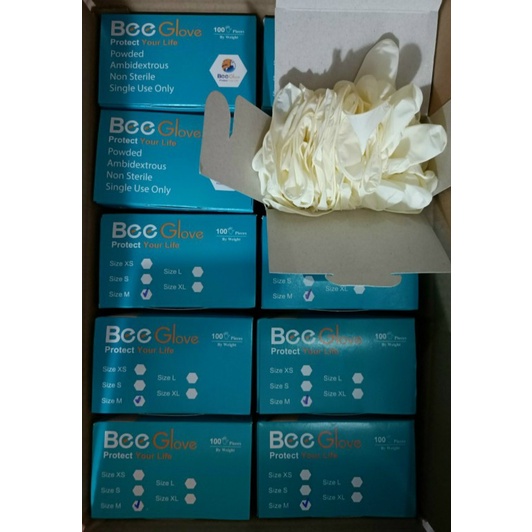 Hộp 100 Chiếc Găng Tay Cao Su Y Tế Bee Glove Latex Có Bột Màu Kem 6.0gr - Size S,M,L Dùng Trong Nha Khoa, Spa, Thẩm Mỹ X