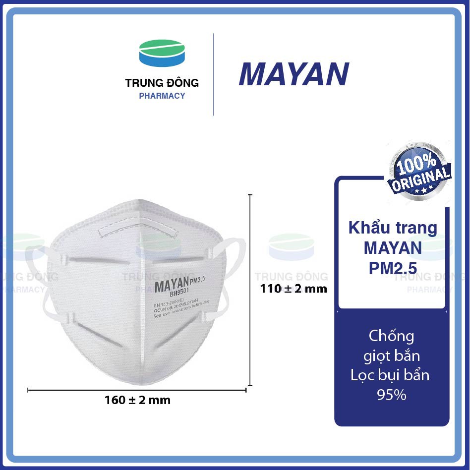 Khẩu trang 4 lớp 3M MAYAN PM2.5 BH9501 Hàn Quốc, y tế chống giọt bắn dịch lọc bụi bẩn 95%  - Trung Đông Pharmacy