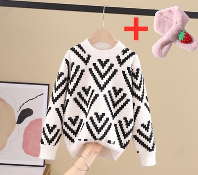 Bộ Áo Sweater Phối Khăn Choàng Cổ Nnjxd Hoạ Tiết Quả Dâu Tây Dễ Thương Dành Cho Bé Gái