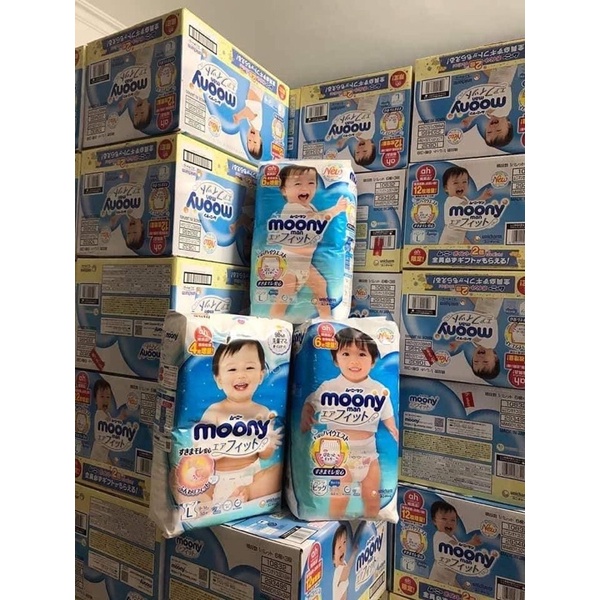 Bỉm Moony xanh quần/dán tiêu chuẩn hàng nội địa nhật Nb90/ S84/Mdan 68/ Mq 58/ Lq 44/ XL q 38 miếng
