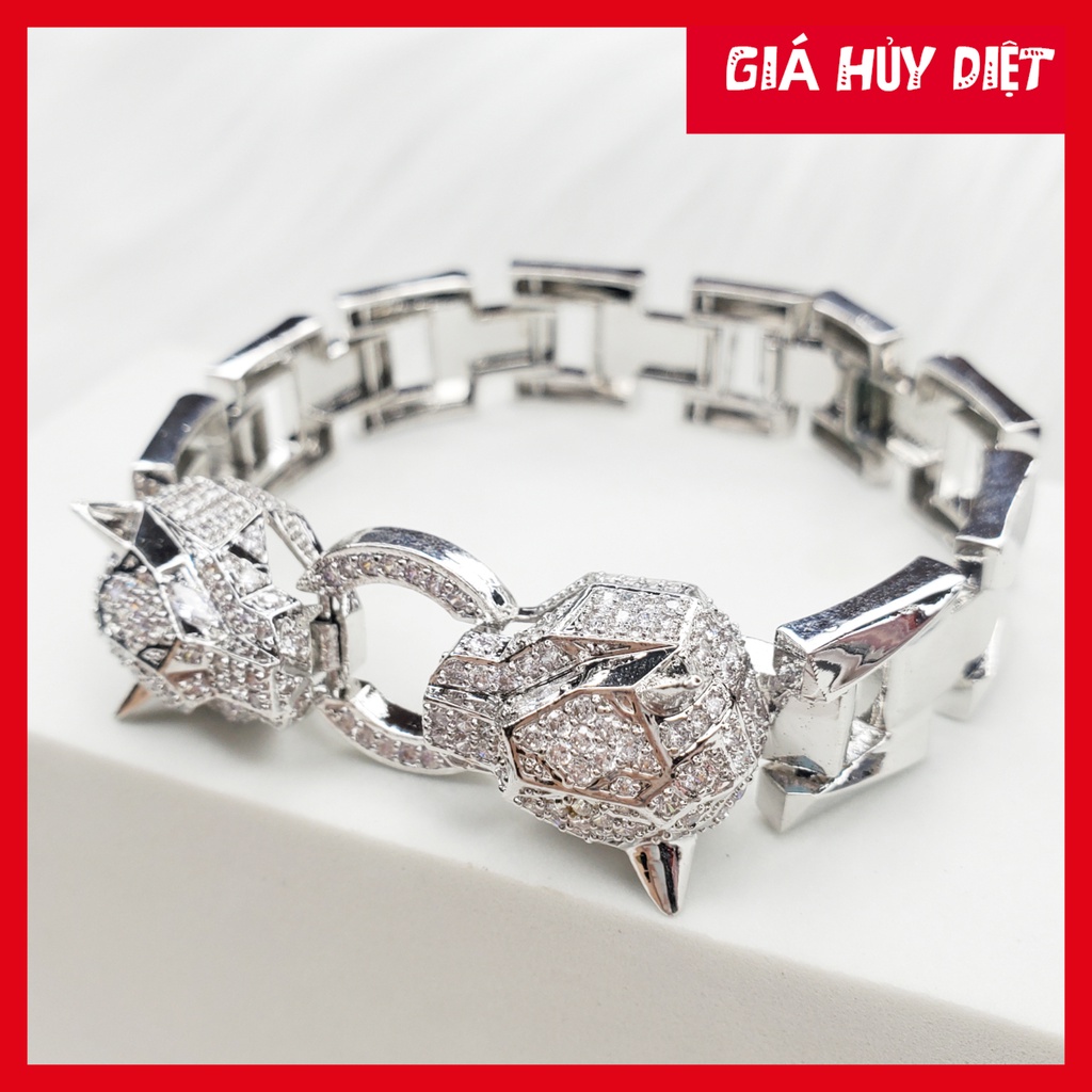 Vòng Tay - Lắc Tay Nam Đầu Báo Đính Đá Mạ Vàng Trắng 18K Phong Cách Sang Trọng