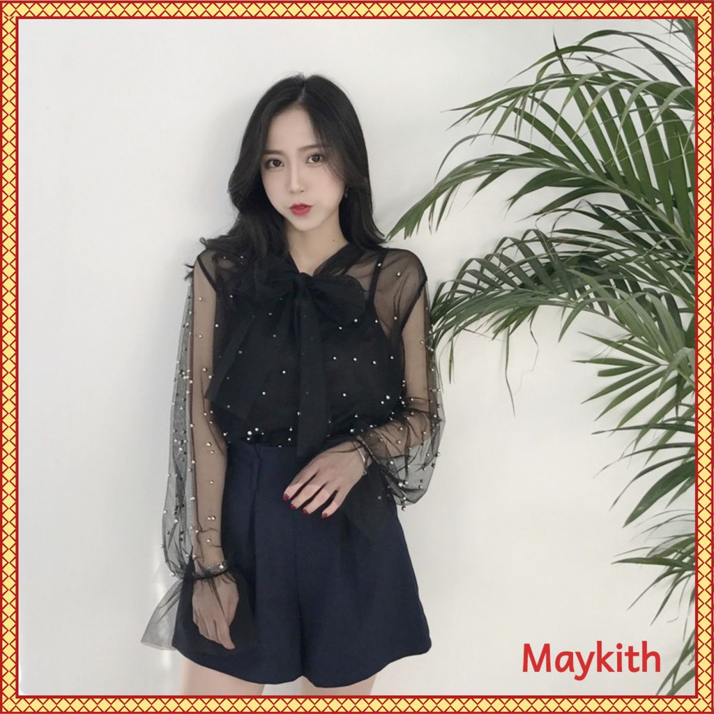 🌸Hàng Quảng Châu🌸Áo Sơ Mi Đen Đính Ngọc Thắt Nơ 🌸Siêu Sinh Sexy