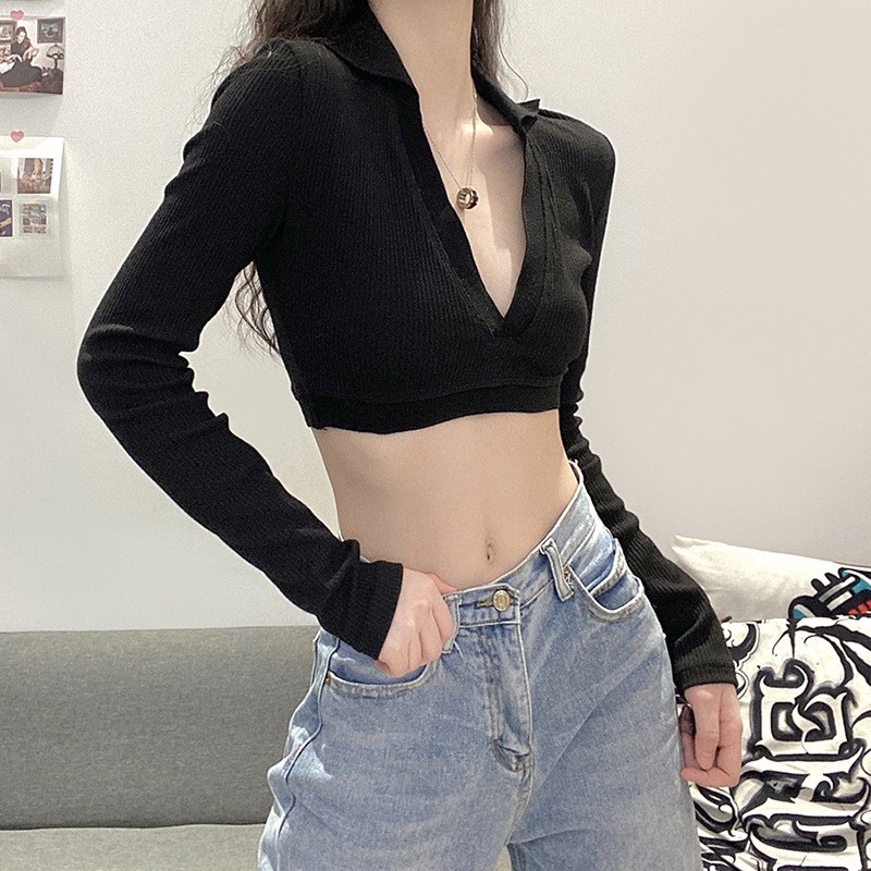 [Hàng có sẵn] - Áo croptop tay dài quyến rũ, cổ chữ V - Có ảnh thật