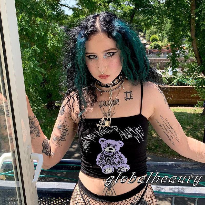 Áo Croptop Hai Dây In Họa Tiết Gấu Và Chữ Phong Cách Gothic Quyến Rũ Dành Cho Nữ | BigBuy360 - bigbuy360.vn