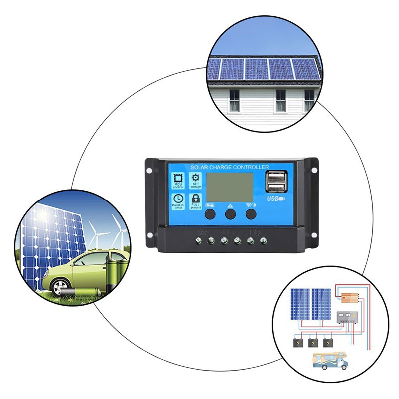 Bộ sạc năng lượng mặt trời 12V 30A Bộ Điều khiển sạc pin năng lượng mặt trời với 2 cổng USB 5V