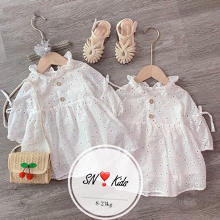 Váy babydoll dài tay hoa nhí cổ bèo bé gái
