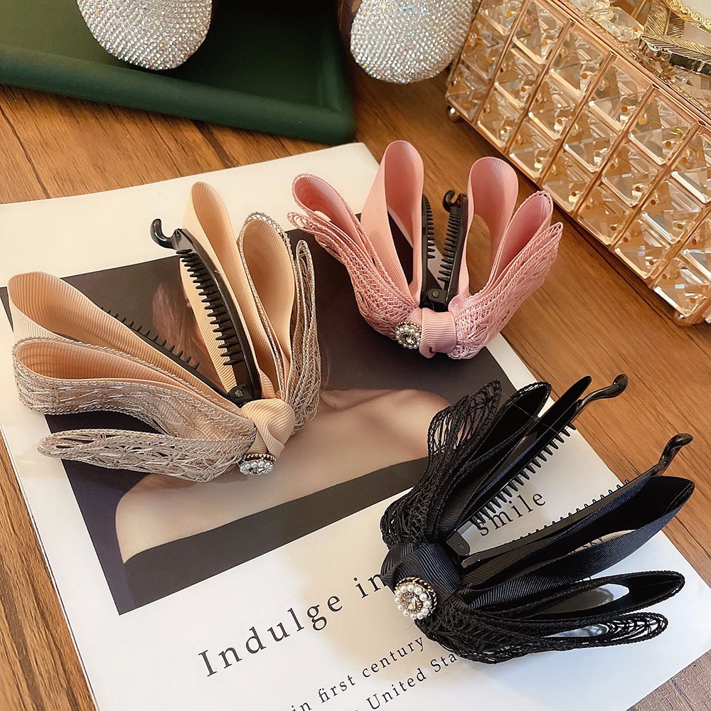 Kẹp chuối ren nơ phối rỗng đính ngọc trai giả búi tóc đuôi ngựa phong cách Hàn Quốc ngọt ngào thanh lịch dành cho nữ