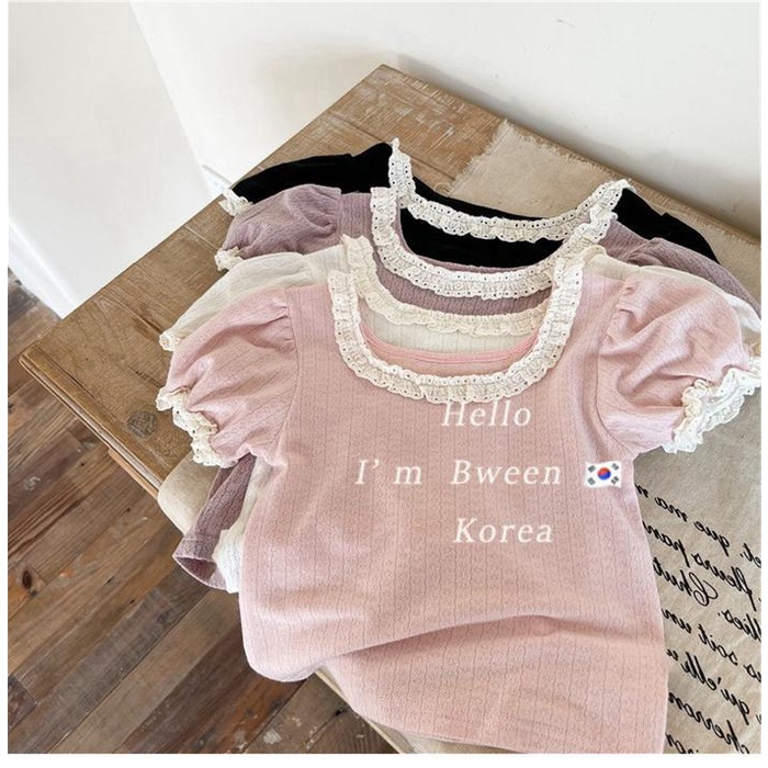 Áo Thun Tay Ngắn Cổ Tròn Phối Ren Mỏng Thoáng Khí Thời Trang Mùa Hè Dành Cho Bé Gái 0507