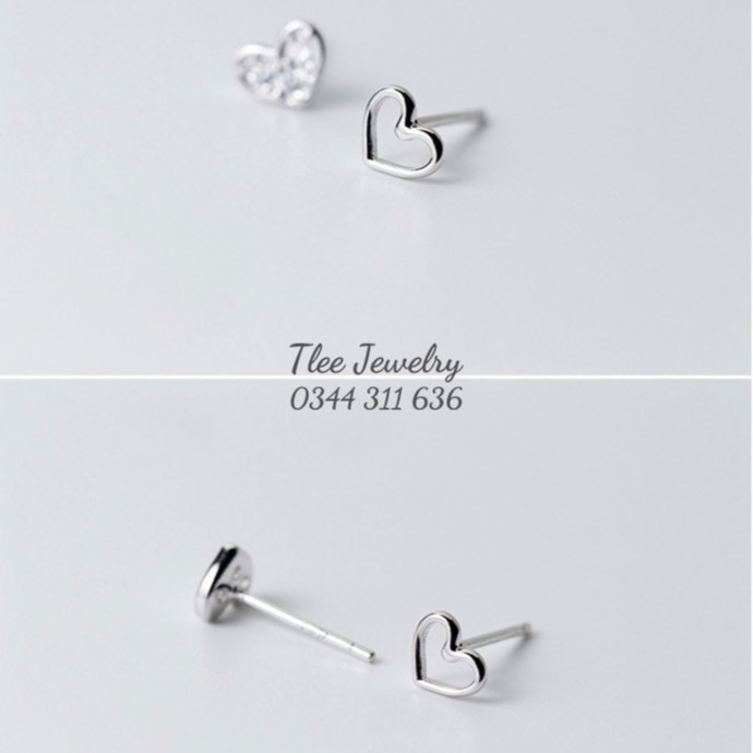 Khuyên tai bạc nữ TLEE cặp tim rỗng, tim nạm đá mini TleeJewelry B0304
