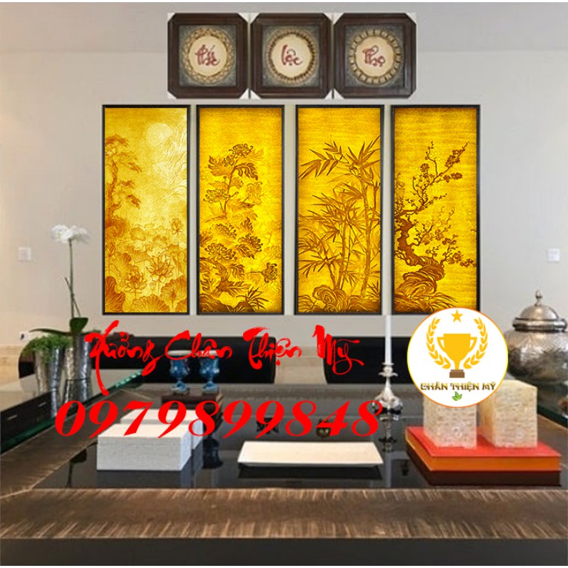 Tranh Trúc Chỉ In Tứ quý Tùng-Cúc- Trúc- Mai 1 bộ 4 bức