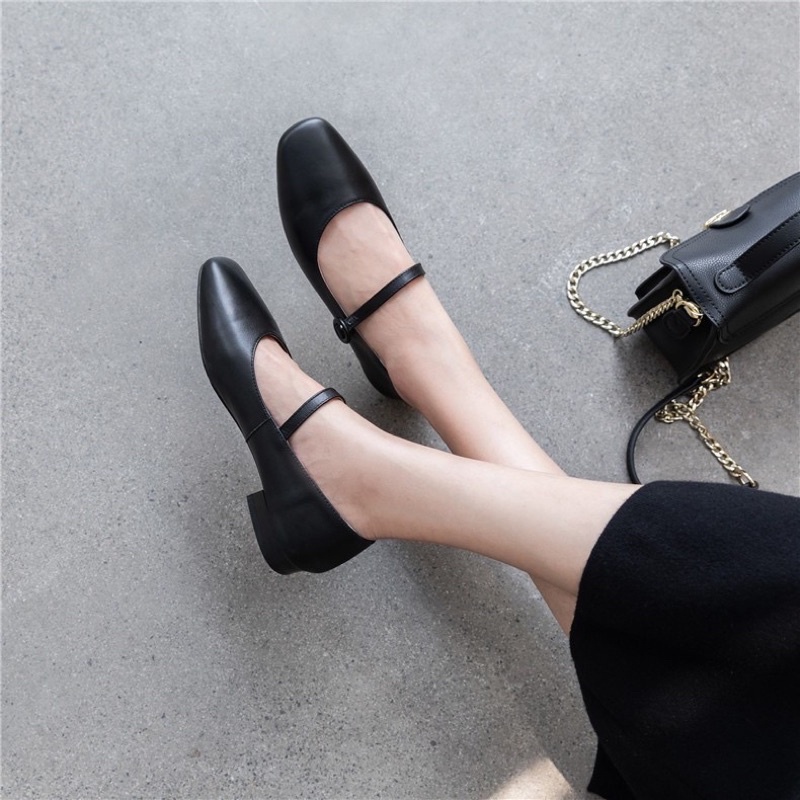 Giày bệt nữ búp bê đế bằng xinh đơn giản mũi tròn da mềm nhẹ nhàng màu đen/kem đi chơi đi học cài quai ngang rẻ