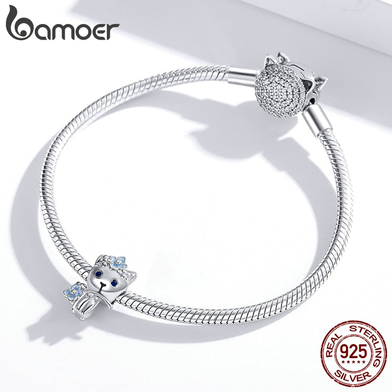 Hạt charm Bamoer BSC394 mạ bạc 925 hình mèo và cành hoa dễ thương trang trí vòng tay