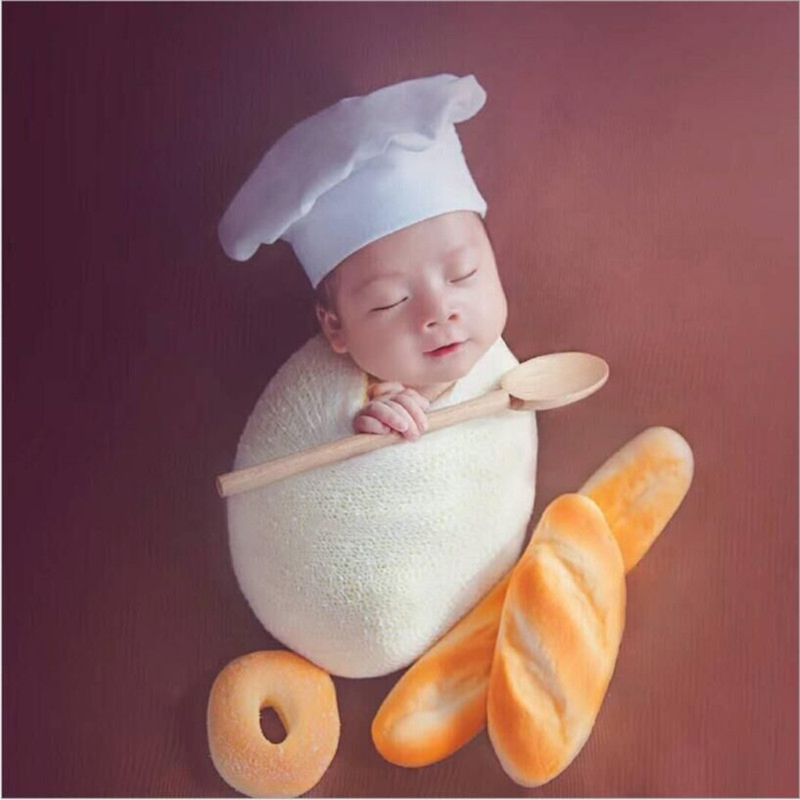Mũ Đầu Bếp Nhỏ Co Giãn Màu Trắng Dùng Làm Đạo Cụ Chụp Ảnh Cho Bé Sơ Sinh