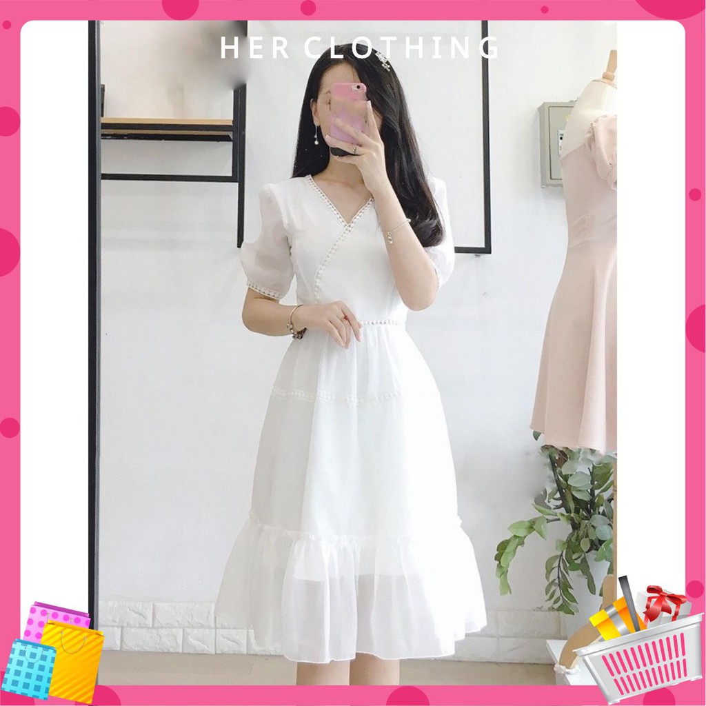 Đầm nữ trắng dự tiệc dễ thương cổ V ren đắp chéo mã [REN CHÉO]
