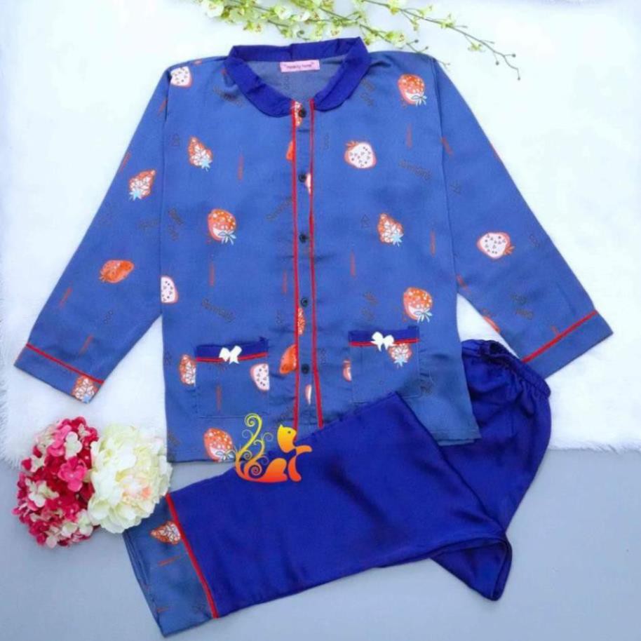 Đồ Mặc Nhà Pijama Satin Lụa Tay Dài Cao Cấp - "Cổ trụ nằm Trái Dâu" Siêu Mát - Dưới 60kg  ཾ ྇ ྇  ༷  ཾ ❕