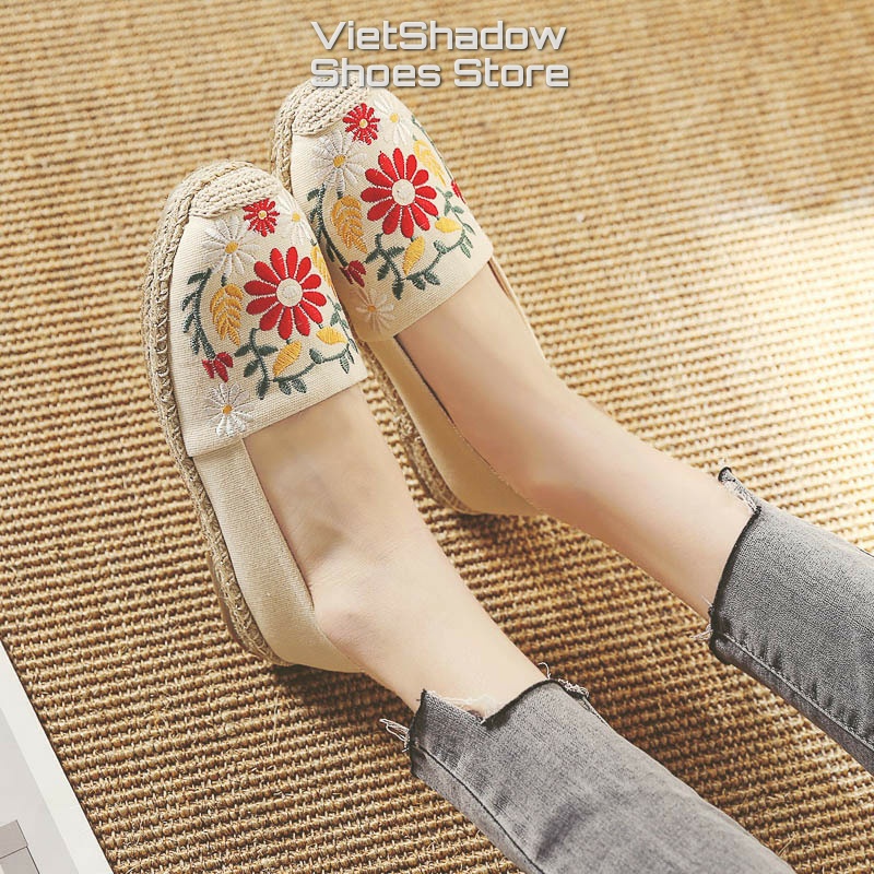 Slip on cói nữ - Giày lười vải thêu hoa lá - Chất liệu vải bố 4 màu be, đen, đỏ và khaki - Mã SP X-08