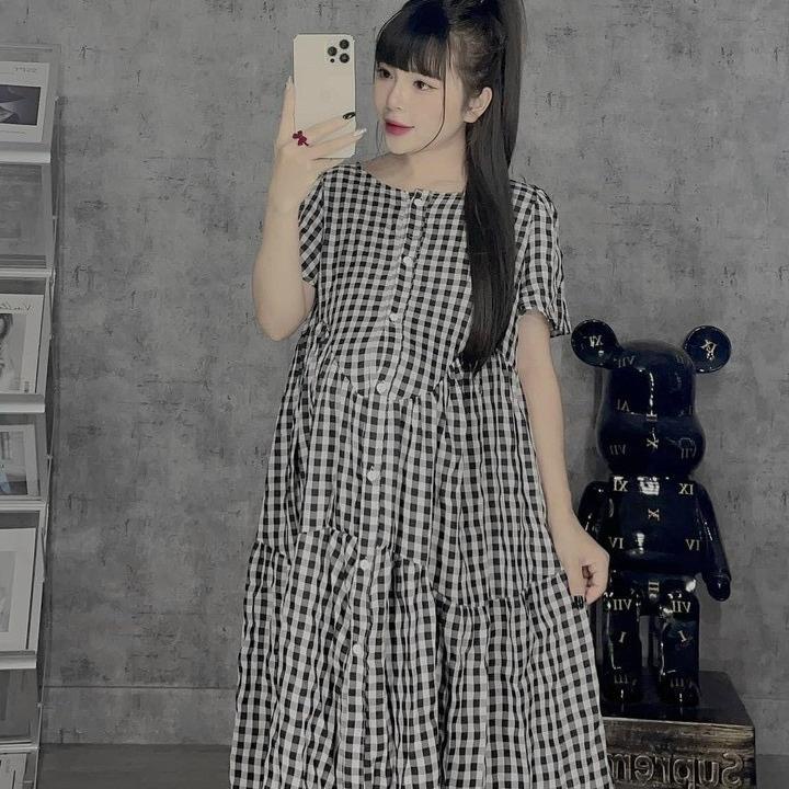 Váy Bầu kẻ khuy dáng xuông,tay bèo ,thiết kế điệu đà,phù hợp mặc đi biển ,đi du lịch ,freesize 42-68kg VB33