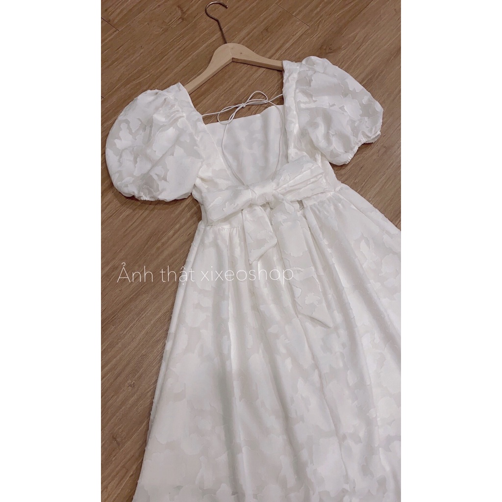 [Hàng chất lượng cao] Váy trắng dự tiệc, đầm tay bồng hở lưng thắt nơ công chúa xixeoshop - v83 | BigBuy360 - bigbuy360.vn