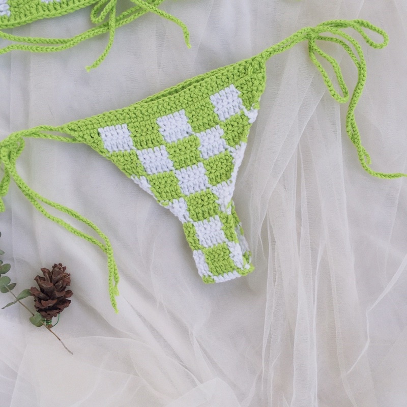Set Bikini Caro Xanh Trắng, Bra Len Móc - xanhlanhes