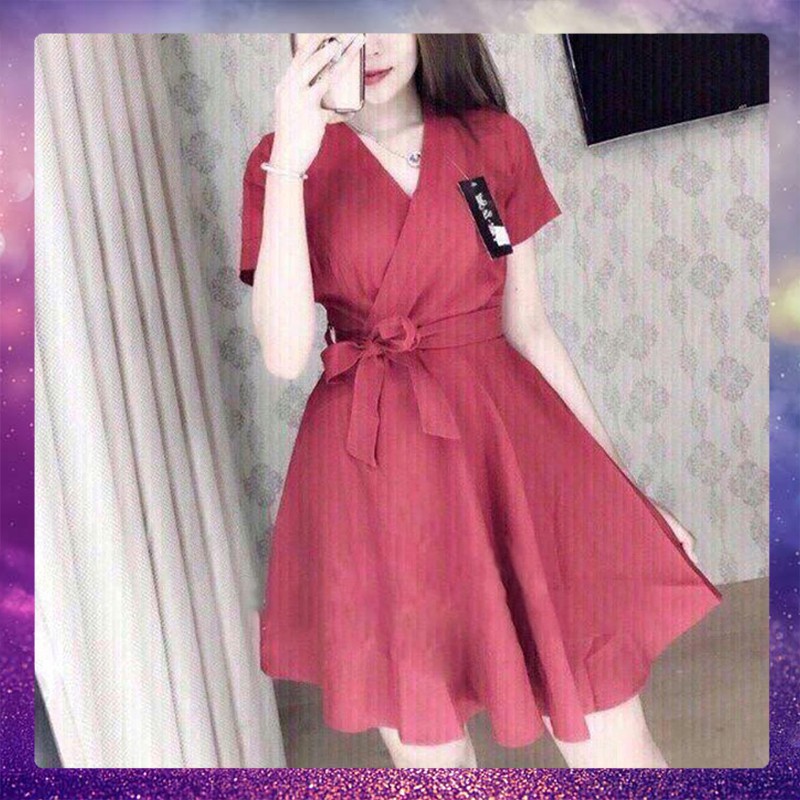 Đầm Xòe Cổ Chéo Cột Nơ Eo Thời Trang