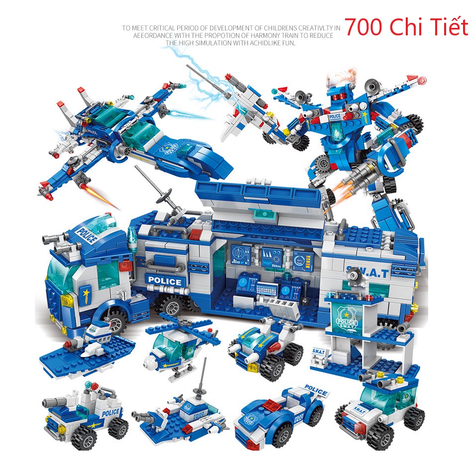 [700 CHI TIẾT] Bộ Đồ Chơi Lắp Ráp Xếp Hình LEGO Xe Cảnh Sát, Máy Bay Chiến Đấu, RoBot Biến Hình, Biệt Đội SWAT