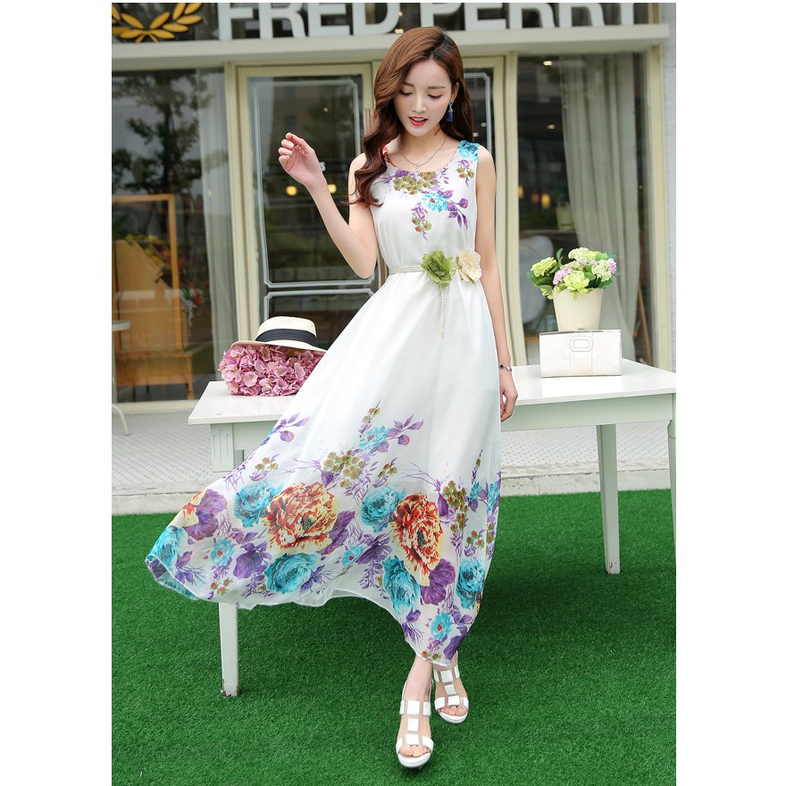 Đầm maxi voan hoa kèm dây thắt lưng DX08 - Đầm suông maxi đi biển, đi dạo phố | BigBuy360 - bigbuy360.vn