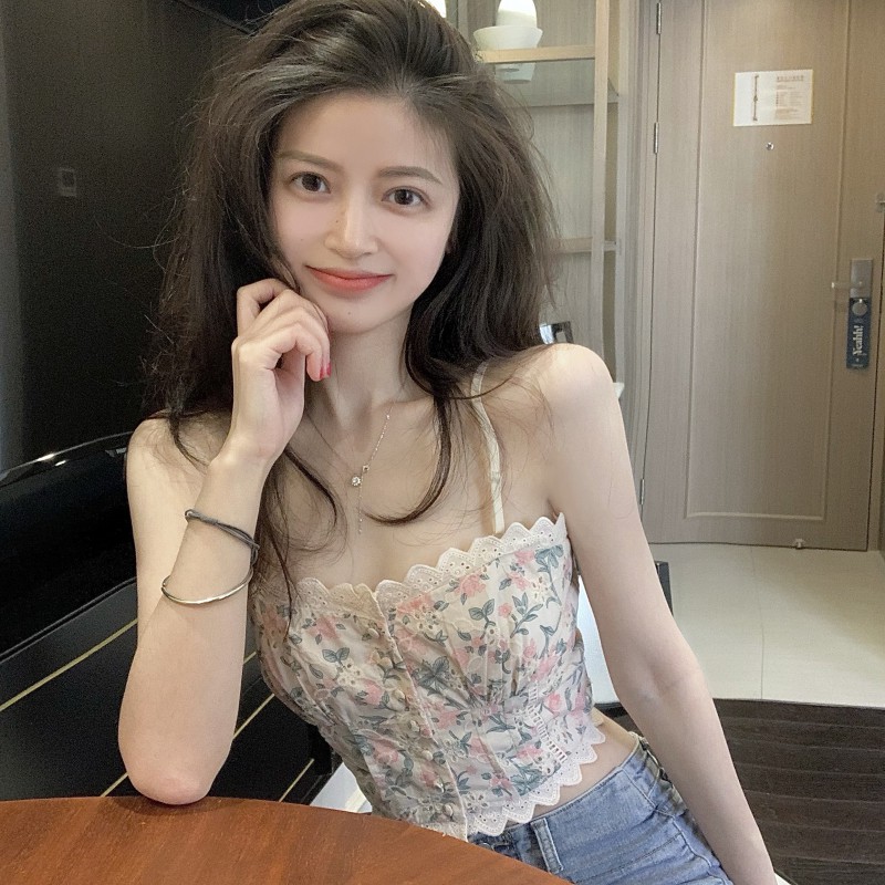 Cocory vn Áo Croptop Hai Dây Phối Ren In Hoa Phong Cách Quyến Rũ | BigBuy360 - bigbuy360.vn