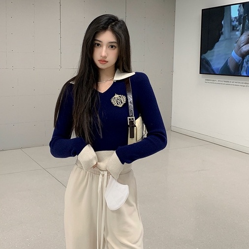 Áo croptop ZHELIHANGFEI vải len tay dài cổ polo phong cách trẻ trung cá tính dễ phối đồ