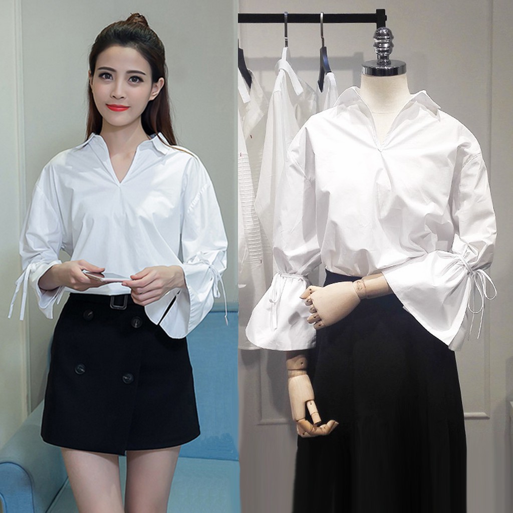 Áo kiểu tay phồng cổ chữ V thiết kế thanh lịch cho phái nữ | BigBuy360 - bigbuy360.vn