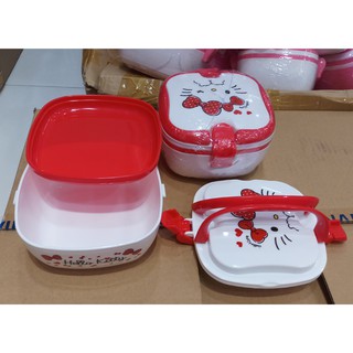 hộp cơm nhựa, cà mèn nhựa 2 ngăn 2 tầng, nắp khóa cài của Thái Lan, hình Kitty. Mẫu trắng kitty hồng. K092
