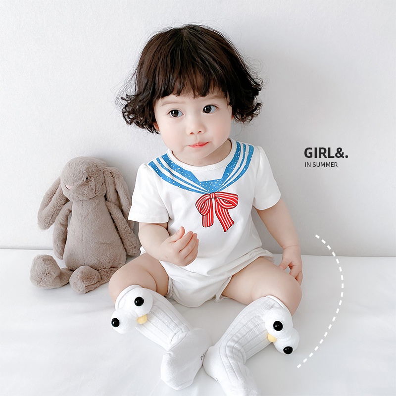 Áo liền quần vải cotton tay ngắn in hình cổ thủy thủ phối nơ phong cách hè cho bé gái