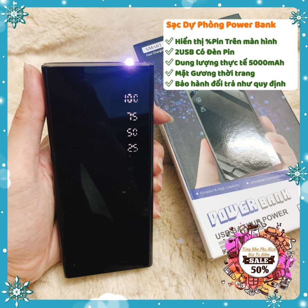 Sạc dự phòng tích hợp sạc nhanh Mặt Kính Đen hiển thị pin. 2 USB Có Đèn | BigBuy360 - bigbuy360.vn