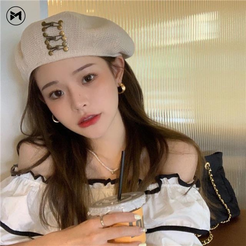 Mũ Beret Vải Mỏng Thoáng Khí Phối Khóa Đồng Phong Cách Vintage Cho Nữ