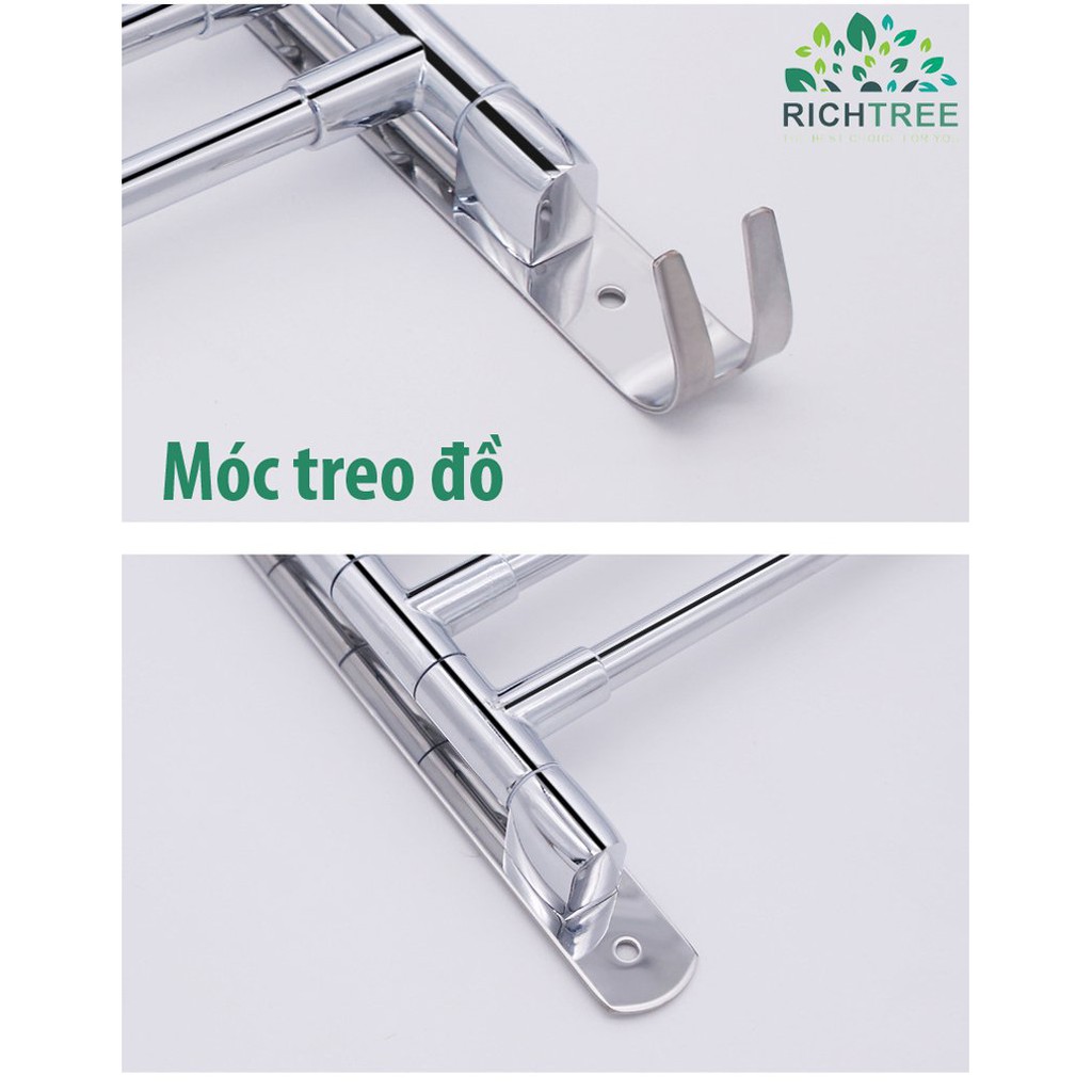 Giá treo khăn nhà tắm RICHTRE thanh di chuyển 180 độ, chất liệu inox 304 dính keo hoặc bắn vít siêu chắc có móc treo đồ