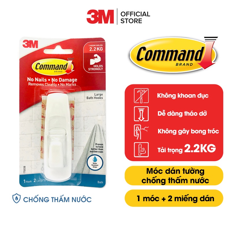 Móc dán tường chống thấm nước Command 3M cỡ lớn chịu lực 2.2kg 17003B