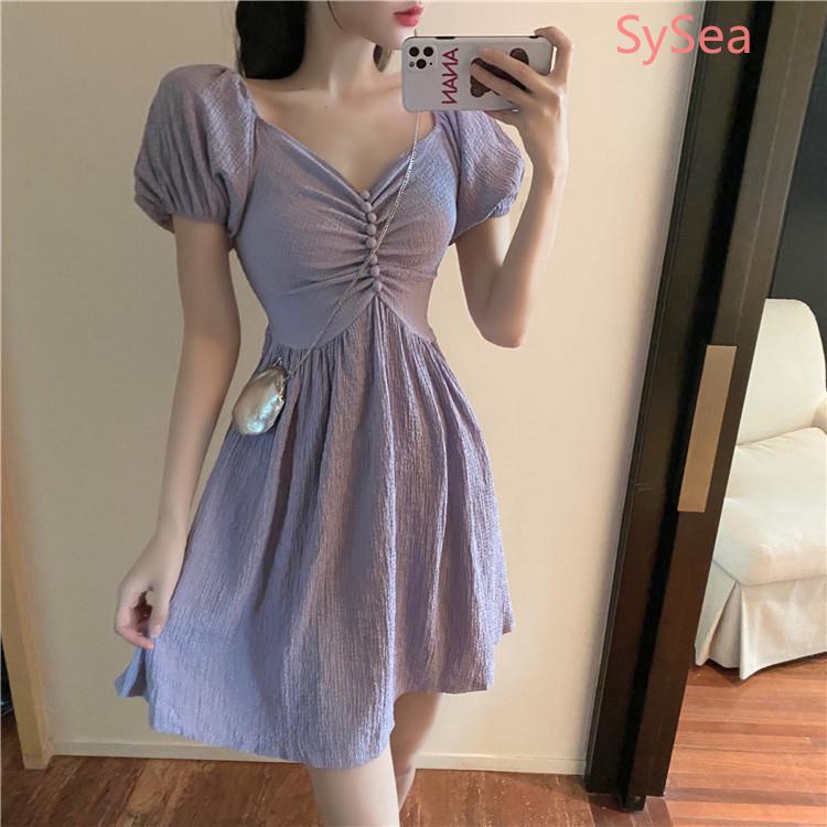 Đầm Dáng Chữ A Cổ Chữ V Màu Tím Phối Bèo Nữ Tính | BigBuy360 - bigbuy360.vn