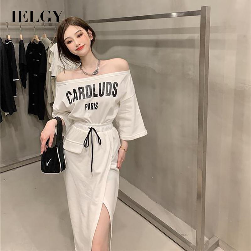 IELGY Bộ áo trễ vai in họa tiết chữ và chân váy cạp cao ôm dáng thắt dây phong cách Hàn Quốc thời trang dành cho nữ