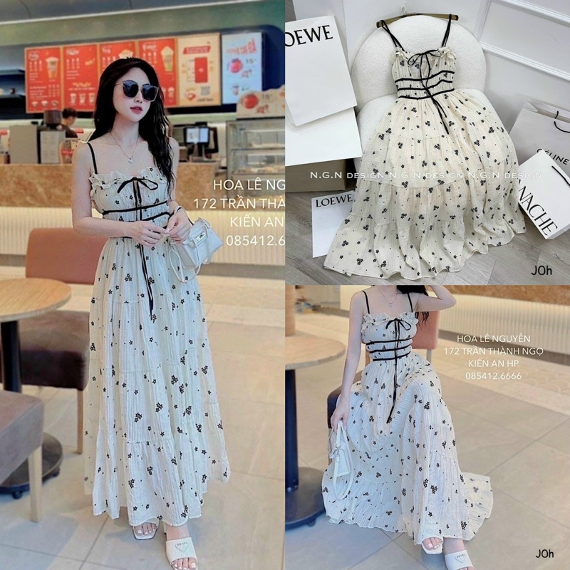 Đầm Maxi Dáng Xoè Hoa Hai Dây Cột Nơ (bầu bí bon chen thoải mái)