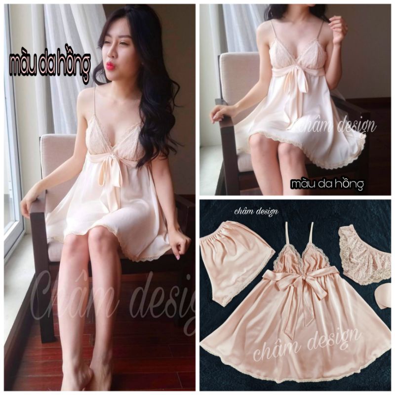 váy ngủ màu da buộc nơ xinh phiên bản màu da siêu đẹp, hàng thiết kế độc quyền tại shop