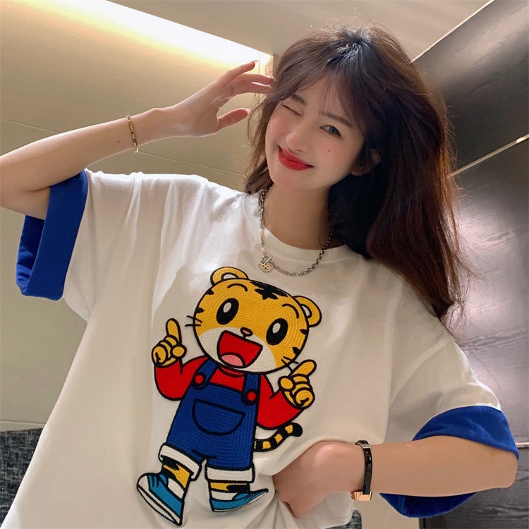 Áo Thun Tay Ngắn Cổ Tròn Dáng Rộng Thêu Họa Tiết Hoạt Hình Phong Cách Hàn Quốc Thời Trang Mùa Hè