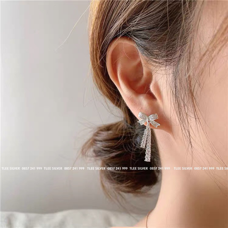 Khuyên tai bạc nữ TLEE nơ dáng dài tiểu thư nạm đá sáng sang trọng TleeJewelry B0144