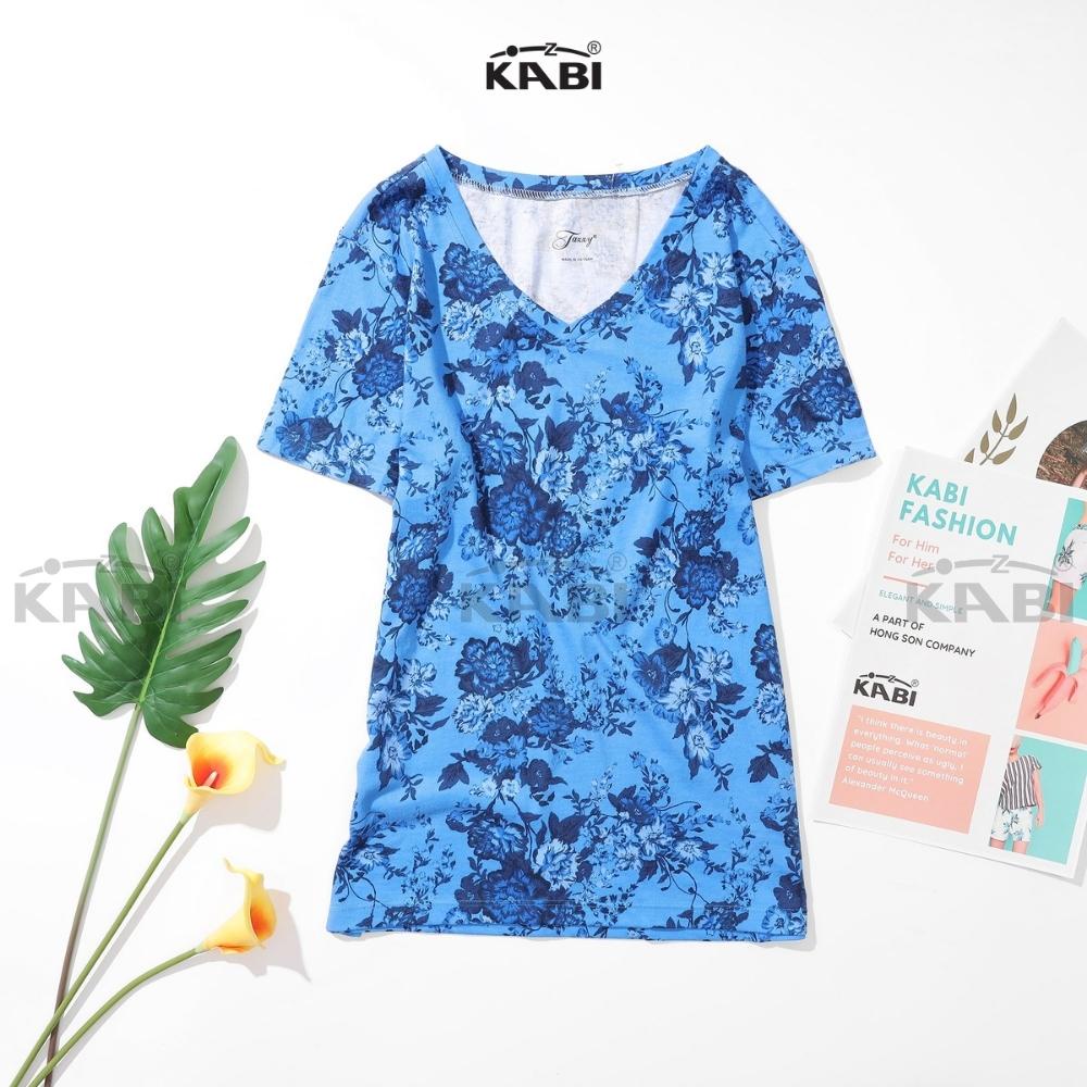 Áo thun tay ngắn nữ KABI áo cotton co giãn cổ tim cổ chữ v họa tiết bông thoáng mát - FA0238