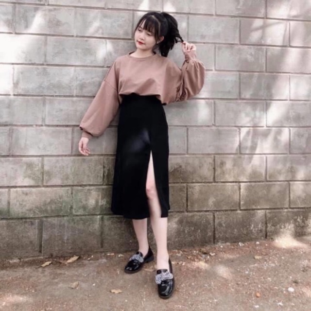 📣Set Váy Xẻ Tà + Croptop Tay Dài Trơn