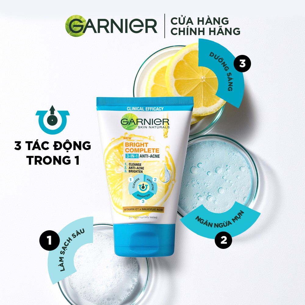 Sữa rửa mặt 3-trong-1 giảm mụn & sáng da Garnier 90ml