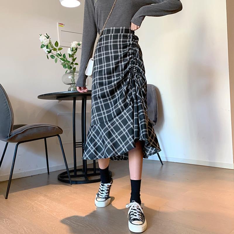 IELGY Chân Váy Chữ A Lưng Cao Họa Tiết Kẻ Sọc Thời Trang Cho Nữ