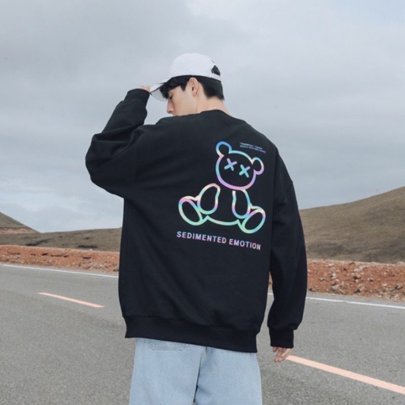 Áo sweater nỉ nam nữ Gấu phản quang dáng unisex form rộng chất nỉ ngoại dày dặn thu đông basic trắng đen